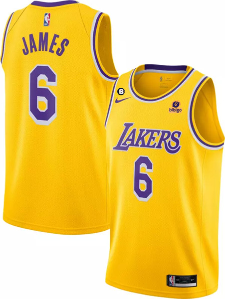 Men's Los Angeles Lakers #6 LeBron James Yellow No.6 Patch Stitched Basketball Jersey